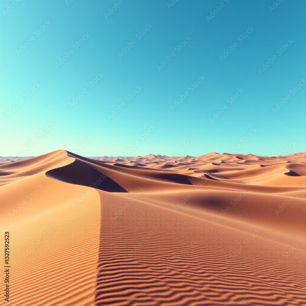 Naklejka premium vast desert sand dune landscape, photorealistic 8K panoramic, empty vastness, vaporwave aesthetics, for commercial use, high-resolution desert scenery, scale and emptiness emphasized
