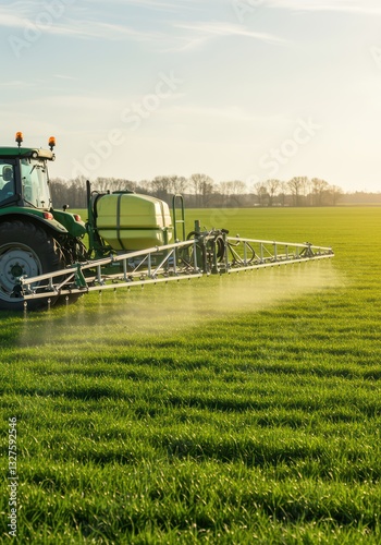 A modern tractor with a sprayer evenly processes a green field under the bright spring sun