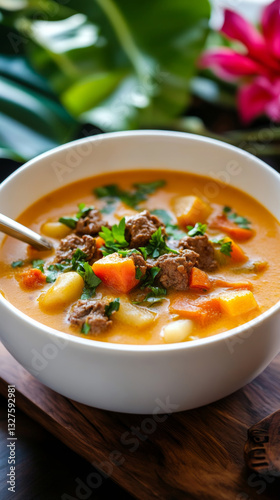 Enjoying a bowl of Haitian soup joumou with vibrant pumpkin, beef, and vegetables on a wooden table adorned with tropical flowers