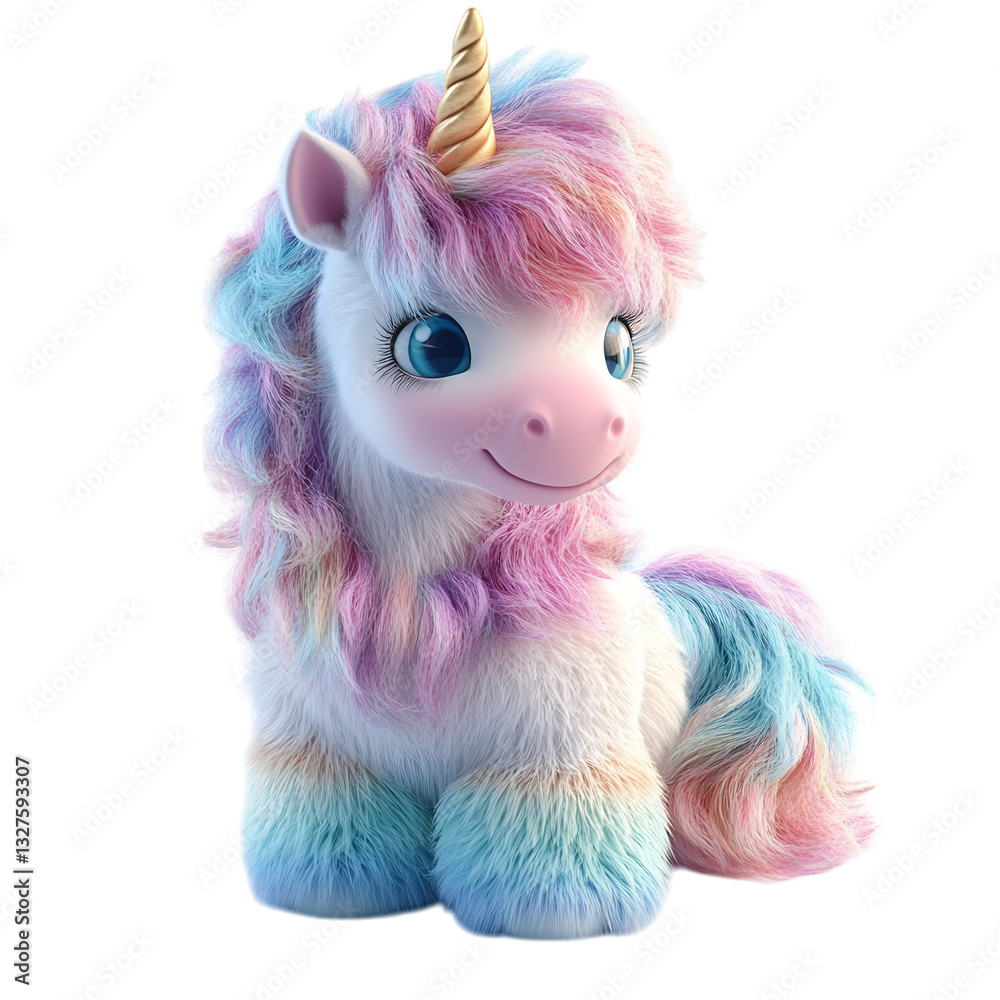 Fluffy 3D Cartoon Unicorn Foal with Pastel Rainbow Mane Isolated on Transparent Background