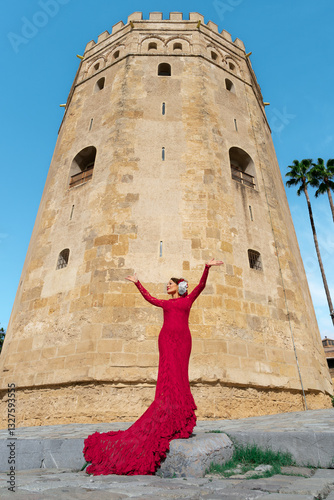 Mujer típica española bailando flamenco con una torre medieval y el cielo a su espalda. Desde la ciudad de Sevilla, Andalucía, España, Europa.	