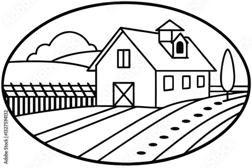 Winter farm house and barn silhouette with snow and landscape.