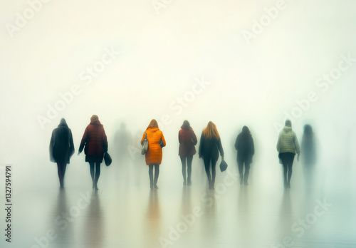 Grupo desenfocado de personas caminando sobre fondo blanco, con desenfoque de movimiento.