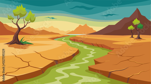 The once lush and verdant riverbed was now a barren and cracked land a sad consequence of the ongoing drought.. Vector illustration