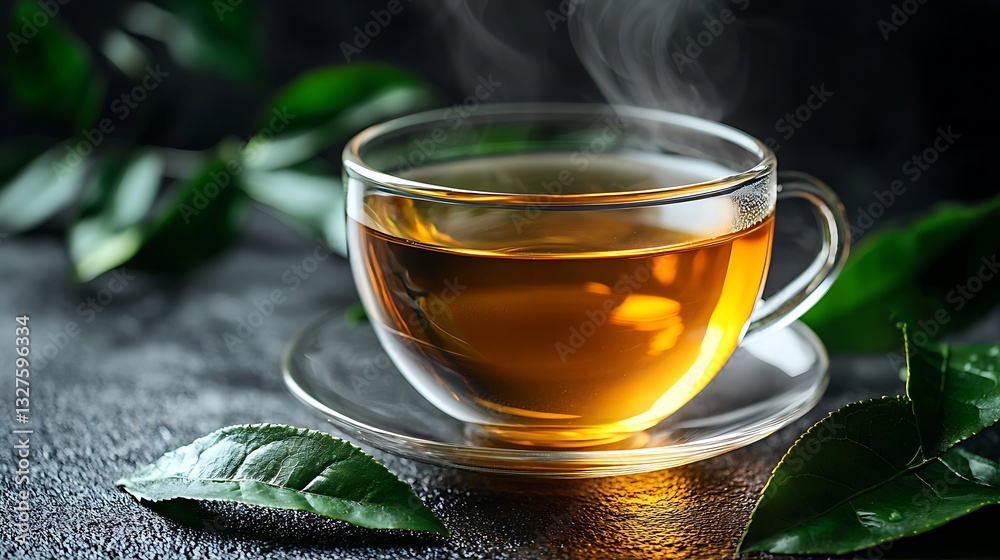 Steaming Cup of Tea with Green Leaves Steaming Cup of Tea with Green Leaves
