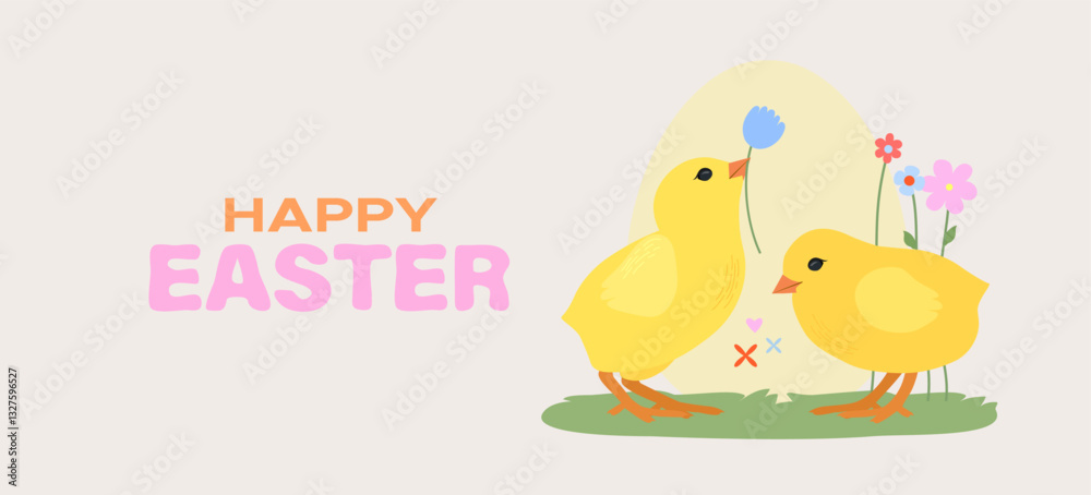 Fototapeta premium Cute chicks with flowers on a beige background. Happy Easter banner.