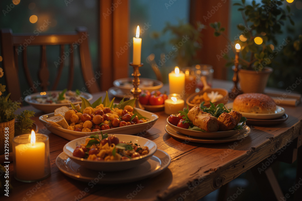 Fototapeta premium Candlelit Dinner with Variety of Food and Warm Light