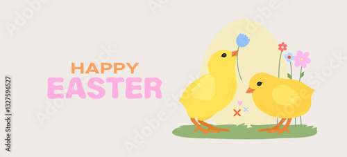 Cute chicks with flowers on a beige background. Happy Easter banner.