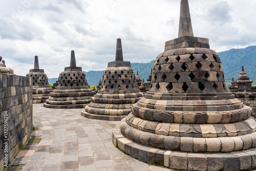 Pagodas in Borobudur Temple, UNESCO world heritage in Java, Indonesia. Borobudur Temple is the largest Buddhist temple in the world.