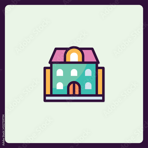 Colorful Flat Vector Icon Depicting a Charming Building Facade with Details