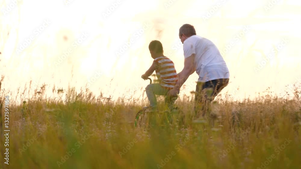 Father in white shirt supports bike of little son learning to ride at countryside lit by sunset. Son in striped t-shirt rides bicycle with loving father in summer. Loving father and son play outdoors Father in white shirt supports bike of little son learning to ride at countryside lit by sunset. Son in striped t-shirt rides bicycle with loving father in summer. Loving father and son play outdoors