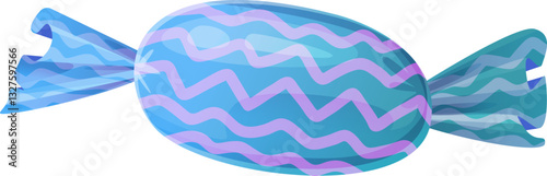 A vector illustration of a wrapped blue candy with a wavy pattern in soft pastel tones. The glossy surface and transparent wrapper give it a vibrant and appealing look. Perfect for designs related to