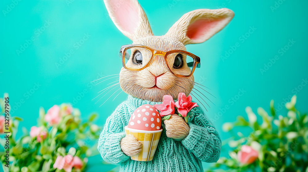 Easter bunny in glasses, with easter egg in basket and bouquet of flowers isolated on turquoise plain gray background with copy space
