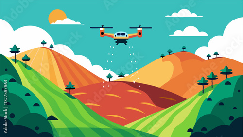The use of precision planting drones in hilly terrain ensuring no seeds are missed or overplanted on steep slopes.. Vector illustration