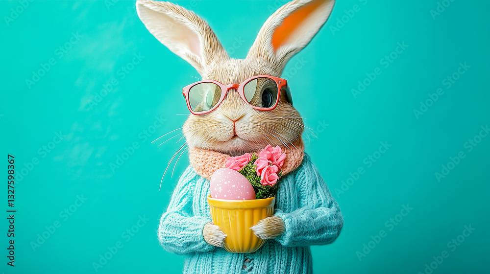Easter bunny in glasses, with easter egg in basket and bouquet of flowers isolated on turquoise plain gray background with copy space