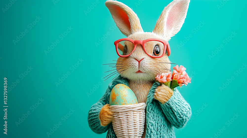 Easter bunny in glasses, with easter egg in basket and bouquet of flowers isolated on turquoise plain gray background with copy space