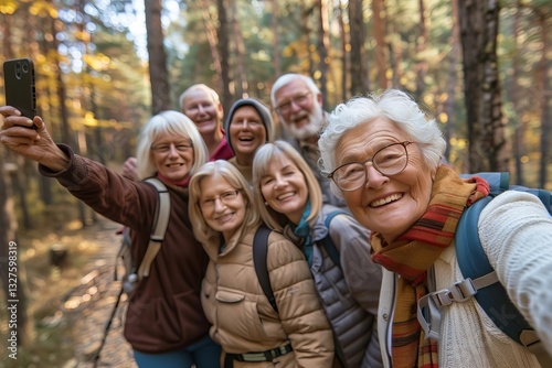 Elderly Friends Enjoying a Group Hike in Nature and Capturing a Selfie for Well-being.