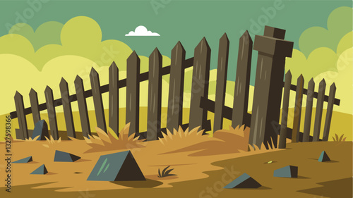The once wellmaintained fences had succumbed to time and weather now lying in disarray on the ground.. Vector illustration