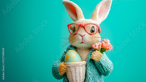 Obraz na płótnie Easter bunny in glasses, with easter egg in basket and bouquet of flowers isolated on turquoise plain gray background with copy space w salonie