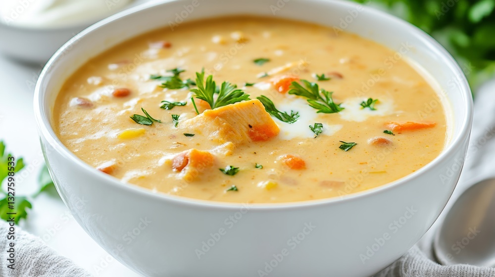 Creamy mulligatawny soup with chicken and lentils served in a Scandinavian inspired bowl for a cozy dining experience Creamy mulligatawny soup with chicken and lentils served in a Scandinavian inspired bowl for a cozy dining experience