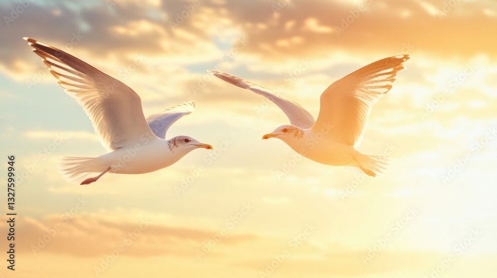 Obraz premium Coastal Birds Diving at Sunset Near Sandy Beach