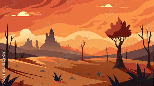 The oncevibrant landscape was now a desolate sight the burnt stubble standing as a symbol of the toll that extreme heat can take on vulnerable crops.. Vector illustration