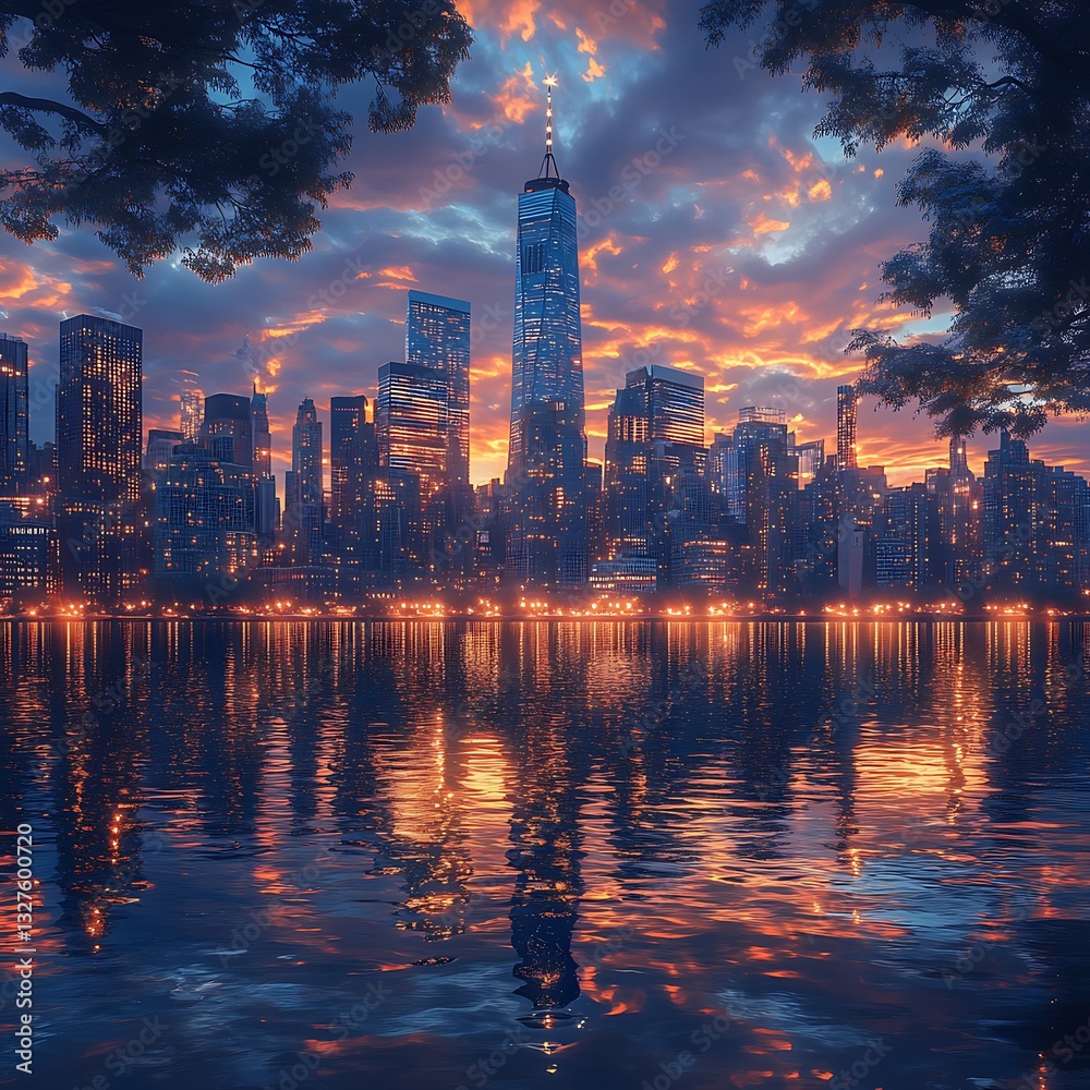 Fototapeta premium Dusk Over City Skyline Water Reflection high resolution hd background