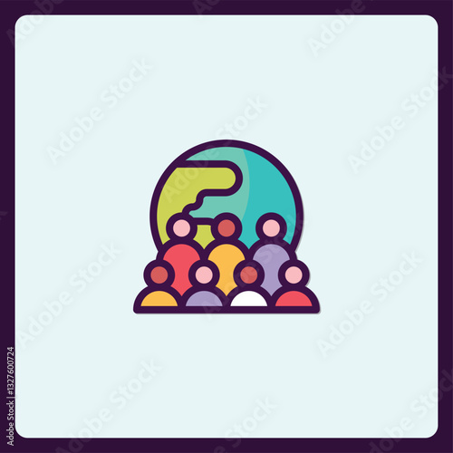 Crowd sourcing people together beneath globe vector icon illustration