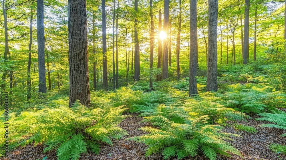 Obraz premium Sunlight streams through forest ferns