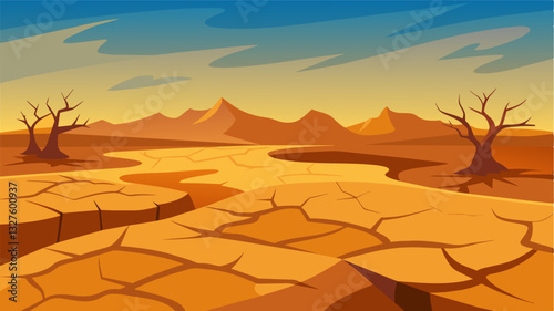 The parched field looked like a painting of an arid desert brown and lifeless with cracks spreading like s.. Vector illustration