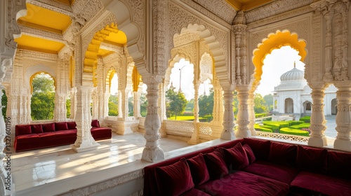 A stunning white Indian palace with intricate architecture, featuring grand arches and carefully carved stone details
