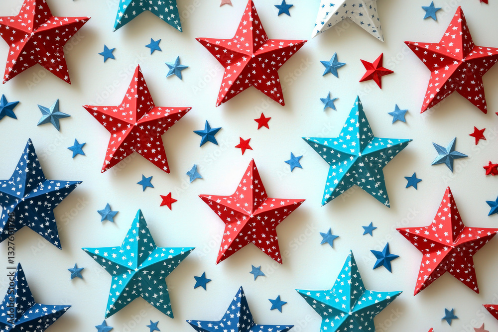 Festive red, blue, and white 3D stars arranged on a clean background, symbolizing American patriotism. Perfect for Fourth of July, Independence Day, and celebratory designs with a modern Festive red, blue, and white 3D stars arranged on a clean background, symbolizing American patriotism. Perfect for Fourth of July, Independence Day, and celebratory designs with a modern