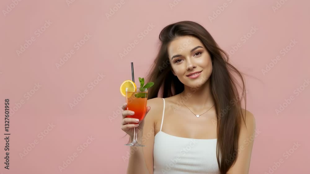 Young caucasian woman holding red cocktail against pink background. Summer refreshment drink with citrus slice and mint. Lifestyle portrait with copy space for beverage advertising. Young caucasian woman holding red cocktail against pink background. Summer refreshment drink with citrus slice and mint. Lifestyle portrait with copy space for beverage advertising.