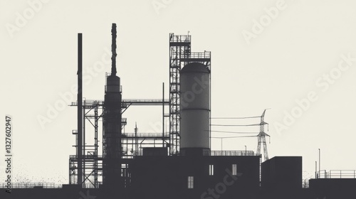 Monochrome silhouette of an industrial complex against a light background.