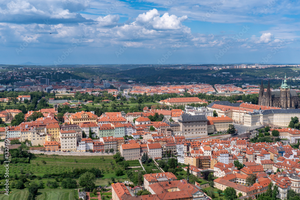 Panoramic view of Prague with the Vltava River, historic bridges, and red rooftops, surrounded by lush greenery. Stunning European cityscape showcasing Czech Republic’s architectural and natural beaut Panoramic view of Prague with the Vltava River, historic bridges, and red rooftops, surrounded by lush greenery. Stunning European cityscape showcasing Czech Republic’s architectural and natural beaut