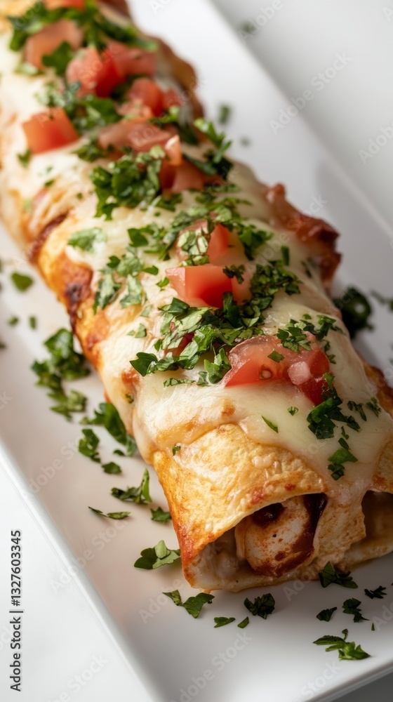 Delicious chicken and cheese enchilada topped with melted cheese, fresh tomatoes, and herbs on a white background Delicious chicken and cheese enchilada topped with melted cheese, fresh tomatoes, and herbs on a white background