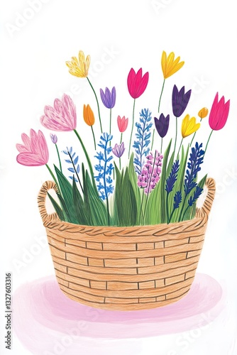 Wicker basket with flowers in hand drawn with colored pencils. Perfect for poster and card
