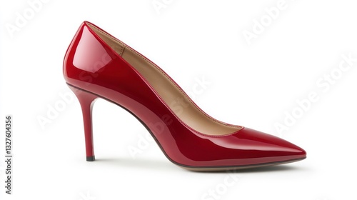 Red high-heeled shoe with a glossy patent leather finish, isolated on white. Suitable for fashion, footwear, or glamour-related themes.