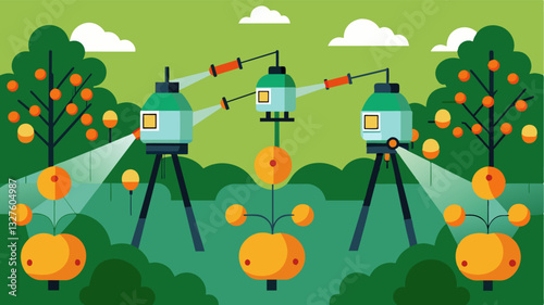 These sprayers are equipped with sensors that continually monitor and adjust spraying patterns based on orchard topography and plant density.. Vector illustration