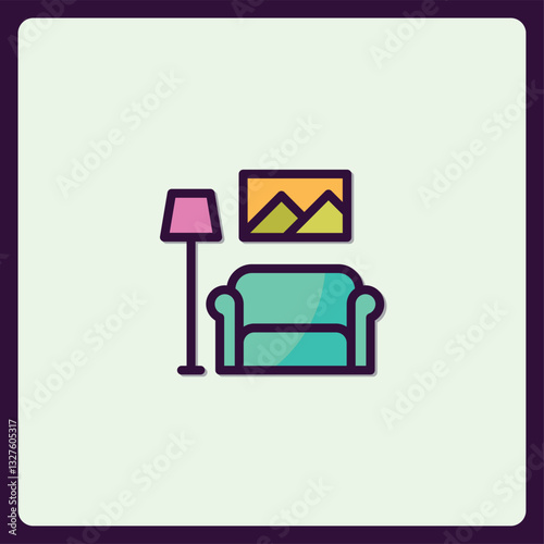 Minimalistic Living Room Interior Icon with Sofa Lamp and Wall Art Depiction
