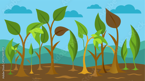 The once lush green leaves of the plants were now brown withered and dying a result of being constantly submerged in water.. Vector illustration