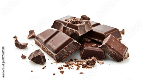 Dark Chocolate Pieces Isolated on White Background