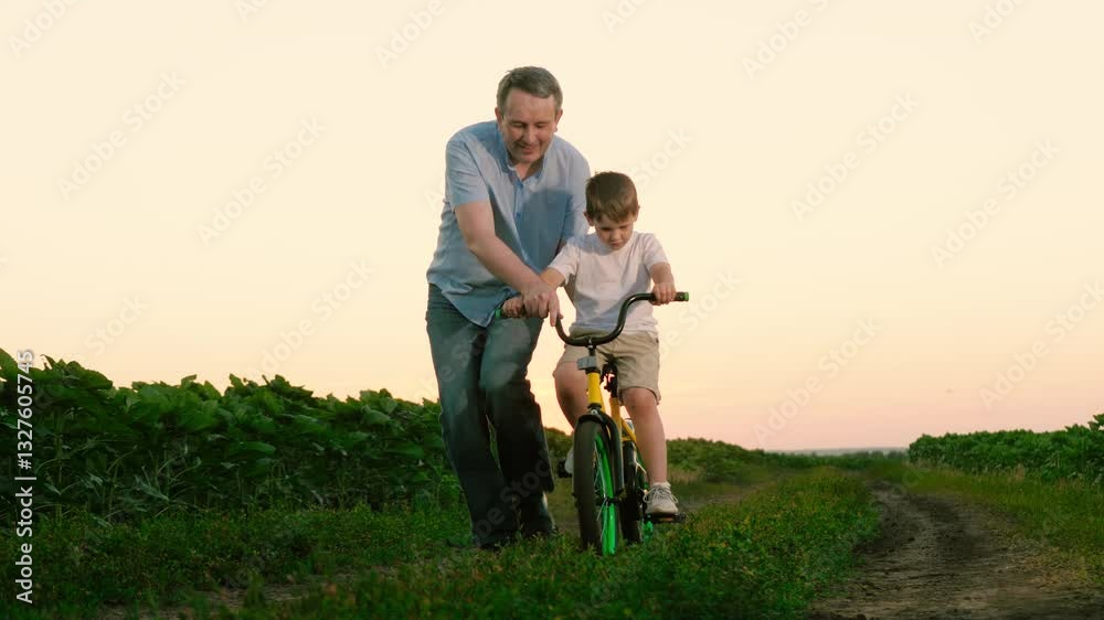 Father leads son biking among plantation on vocation. Son thrives in biking with father support on countryside ground road. Boy relishes moments with dad acquiring mastery of biking at twilight Father leads son biking among plantation on vocation. Son thrives in biking with father support on countryside ground road. Boy relishes moments with dad acquiring mastery of biking at twilight