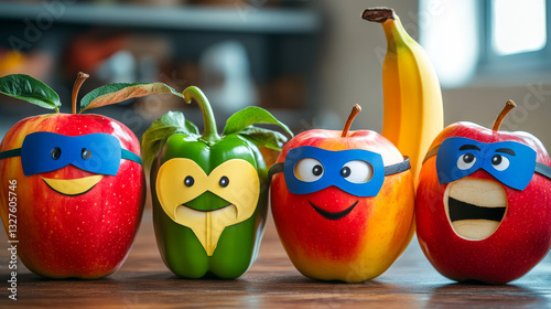 Superhero fruits vector fruity cartoon character of super hero expression vegetables with funny apple banana or pepper in mask illustration. Fruitful vegetarian diet background