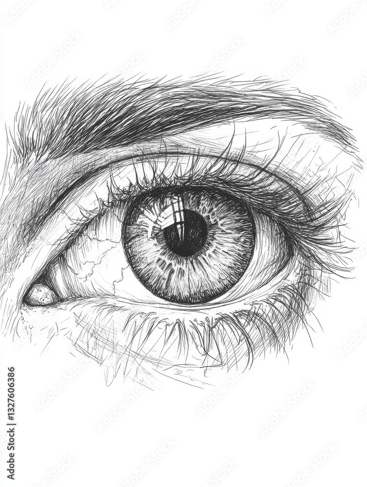Obraz premium A monochrome drawing of a teary eye, highlighting intense emotion