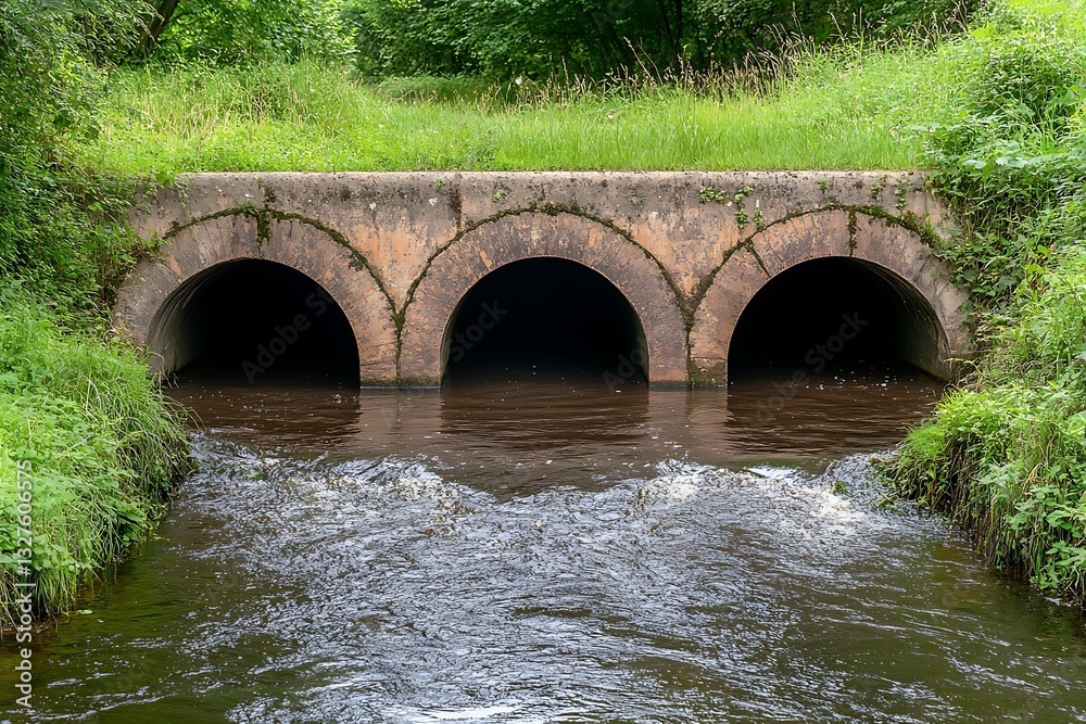 Fototapeta premium River flows under arch bridge, green landscape background