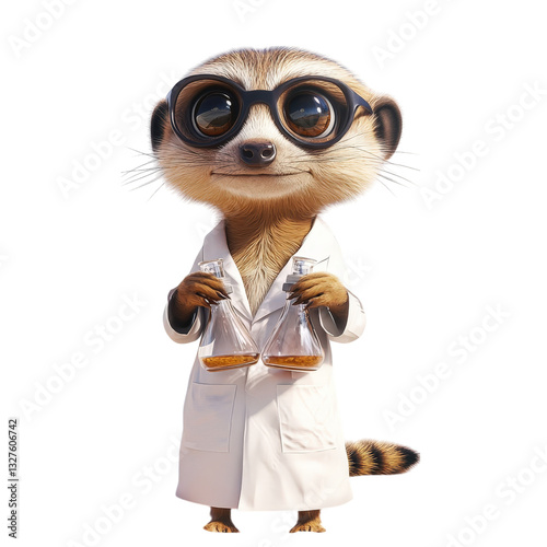 Adorable Meerkat Scientist in Lab Coat Holding Erlenmeyer Flasks  A Cute Cartoon Character