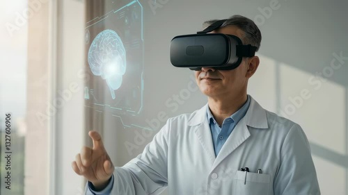 Asian male doctor using virtual reality headset for brain visualization in medical training. VR neurology simulation for healthcare education and telemedicine technology with holographic interface