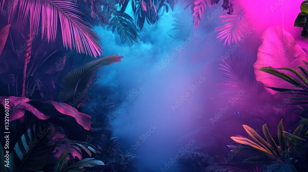 Fototapeta premium Neon Lit Tropical Plants Frame Background