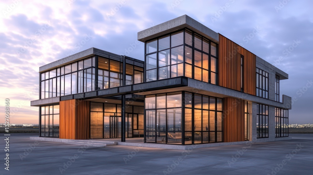 Obraz premium 3D rendering of a contemporary two-story house with a striking mix of warm wooden cladding, concrete elements, and steel beams